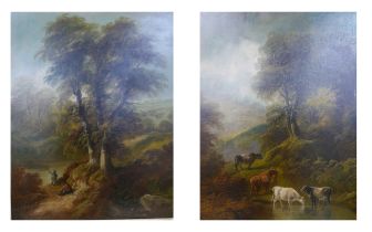 John Joseph Barker of Bath (1824-1904), pair of rural landscapes, cattle watering in a