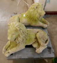 A pair of concrete garden figures of recumbent lions