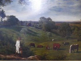 English School (19th Century), milkmaids in a rural landscape with cows, oil on canvas, 51 x