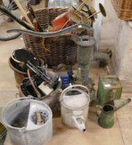 Assorted metalware, including a water pump, oil cans, coal scuttles, warming pans, etc.