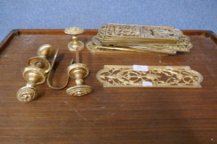 Assorted vintage brass door knobs and finger plates