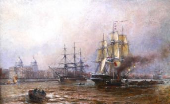 Thomas Cooper Moore (1827-1901), British and Dutch men-o'-war sailing on theThames with Greenwich