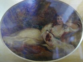 Scottish School (19th Century), oval portrait of a reclining lady and dog, oil on board, 18 x 23cms,
