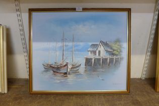 An oriental harbour landscape, oil on canvas, framed