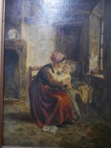 * Brown, 19th Century interior scene with mother and child, oil on canvas, signed lower left, 37 x