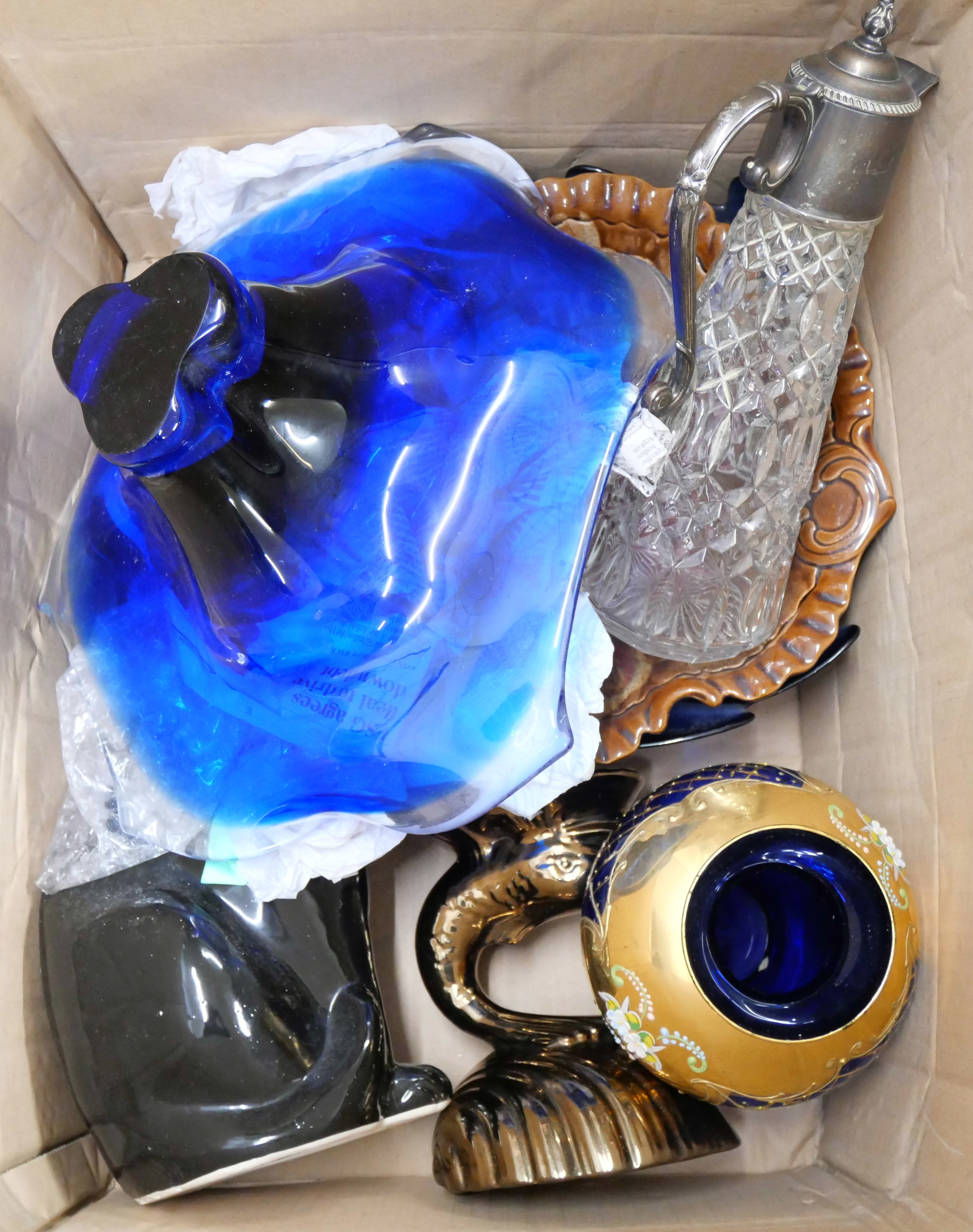 Two blue glass bowls, a blue glass and gilded vase, an Italian green leaf dish, large pottery - Image 3 of 3