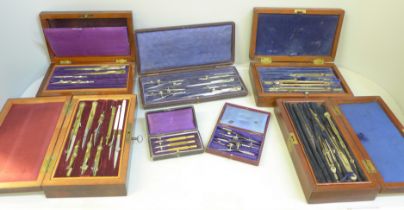 Four 19th Century and three later cased sets of drawing instruments