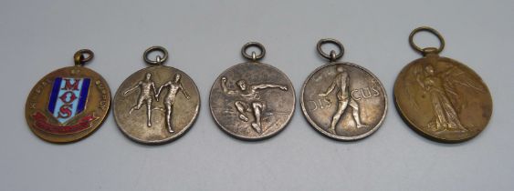 A WWI Victory medal, l-38533 Dvr. W.J. Mammatt RA, two RAOC Didcot 1946 sports medallions and two