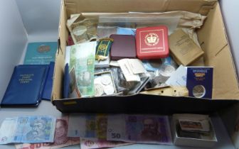 Assorted coins, commemorative coins, banknotes, etc.