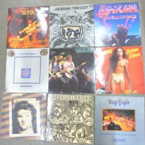 Twelve rock LP records; AC/DC, Thin Lizzy, Saxon, Pink Floyd, etc.