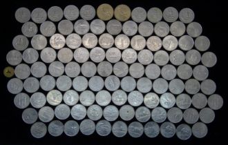 A collection of 106 United States quarter dollar coins; 92 State quarters, eleven eagle quarters