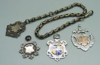 A silver fob and chain and three other silver fob medals, 54g