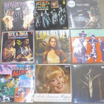 Eighteen LP records, mainly female artists, Madonna, Lana Del Ray, etc.