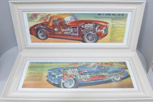 Two framed 1950s vintage car cutaway diagram prints, The 1½ litre MG Ex. 182 and Austin Healey 100