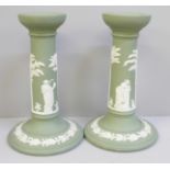 A pair of Wedgwood green Jasper candlesticks, 17cm