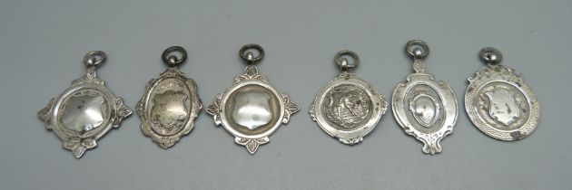 Six silver fob medals, 29g