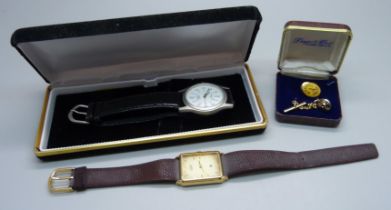 A Shering Pharmaceuticals 14k gold recognition pin, Citizen quartz and Tozai wristwatches