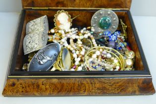 An Art Nouveau style box containing vintage and later costume jewellery