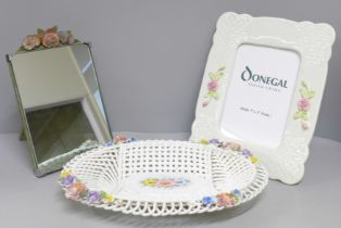 A Barbola mirror, a Donegal Belleek photograph frame and a continental porcelain weave shallow