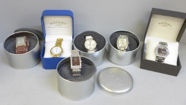 Watches; two boxed Rotary gentleman's watches and two sets of GLO matching his and hers watches
