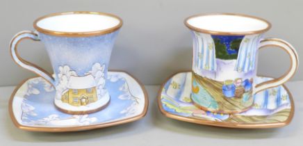 Two enamelled cups and saucers, Border Fine Arts Snowman and Disney Winnie The Pooh with Tigger