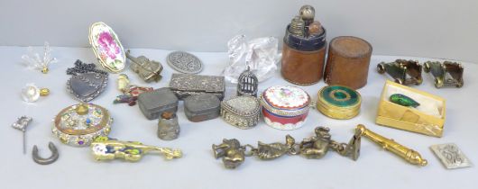 Assorted items including Swarovski, pill boxes, stamp case, etc.