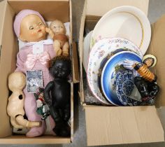 Five mid 20th Century dolls including Kewpie doll and black doll and a box of mixed china **PLEASE