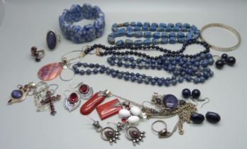 A collection of silver and silver set blue stone jewellery