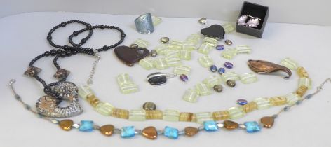 Murano and other glass jewellery; three necklaces, earrings, a ring, pendants and loose beads