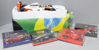 An Ayrton Senna 1:18 scale F1 car, McLaren MP4/6 1991 World Champion and four other F1 cars, all