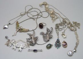 Assorted silver jewellery including Blue John brooch and pendant, garnet ring, brooches, pendants,