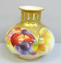 A Royal Worcester vase, signed K (Kitty) Blake, Autumn Fruits design, H306, circa 1930, 10cm