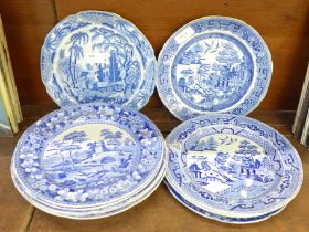 A blue and white Davenport dish and a Davenport plate with farmyard scene, both circa 1815, and a
