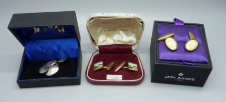 Two pairs of rolled gold cufflinks, one depicting Burns' cottage, Ayr, and a pair of hallmarked