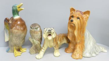A Beswick fireside Yorkie 2377, a/f, right ear chipped, a model of an owl, signed M. Booth for