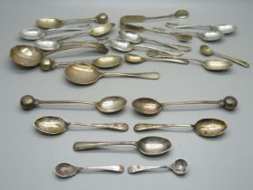 Five silver spoons, two silver mustard spoons and other plated spoons, 70g of silver