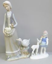 A Lladro figure, girl with geese, 31cm and a German figure of a girl feeding a fawn