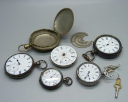 Four silver pocket watches and a pocket watch case, a/f