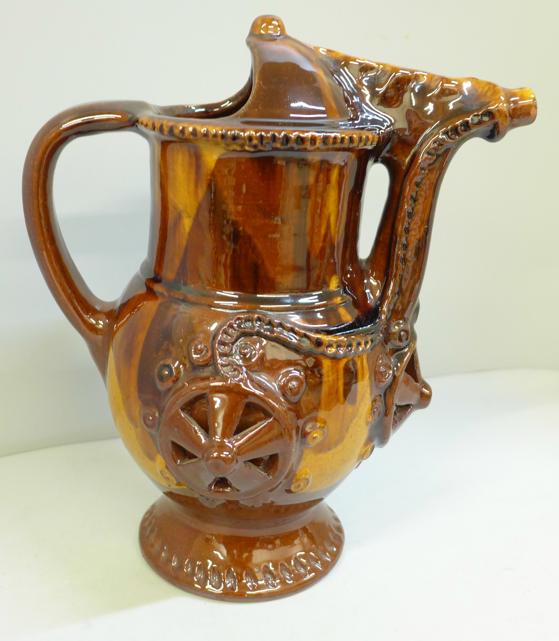 A treacle glaze pottery puzzle jug, 26cm - Image 4 of 6