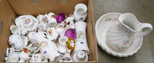 A collection of china including Aynsley vases, trinket dishes, a Royal Crown Derby Posies pin