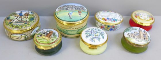 Five Halcyon Days enamel trinket boxes and two others, Crummels and Kingsley