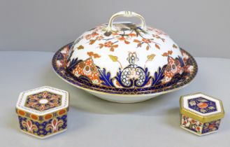 A Royal Crown Derby Imari muffin dish and cover and two small hexagonal trinket boxes