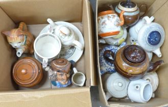 A box of decorative teapots and a box of china including Denby plate, Wade for Boots Barley Mow