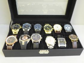 A case of twelve fashion wristwatches, Accurist x3, Sekonda x2, Rotary, Slazenger, DKNY, etc.