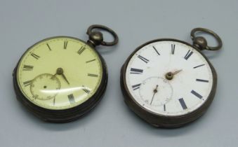 Two silver fusee pocket watches, one with tall ship detail on inner case, a/f