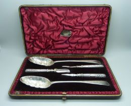 A cased five piece silver set, two George III Scottish silver spoons, Edinburgh 1789 and 1792, (