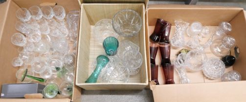 Three boxes of mixed crystal and glass, decanter, wines, brandy and whisky glasses, baskets,