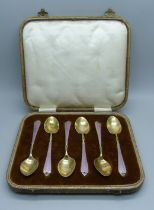 A cased set of six silver and guilloche enamel spoons by Adie Bros., Birmingham 1929/30, 69g
