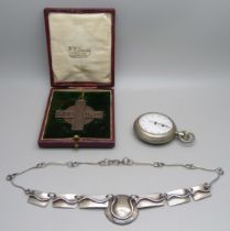 A base metal stop watch, an 'All In One' bronze medallion, cased and an Arts and Crafts necklet