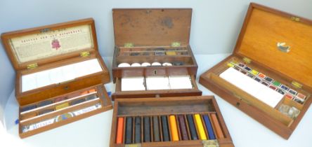 Four late 19th/early 20th Century artist's wooden paint boxes including early Reeves & Sons